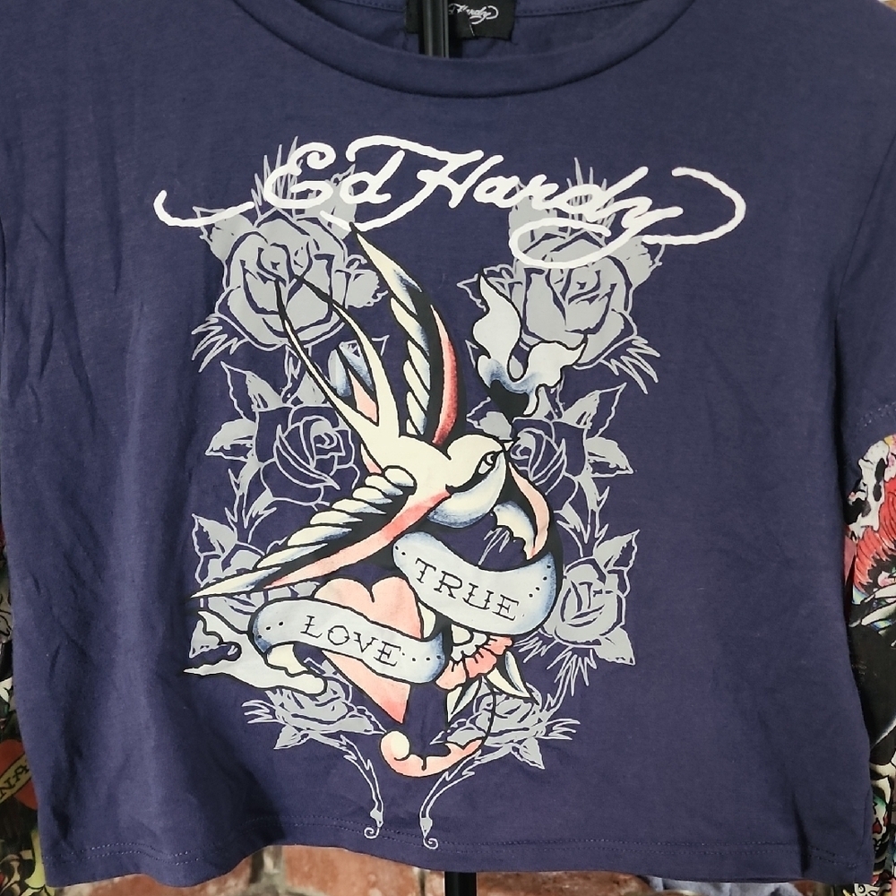 Ed Hardy Cropped Tattoo Graphic Long Sleeve Tee Y2K Navy XL - Picture 2 of 10